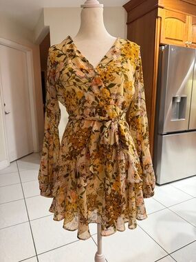 Luxxel Yellow Floral Wrap Long-Sleeve Ruffle Mini Dress
